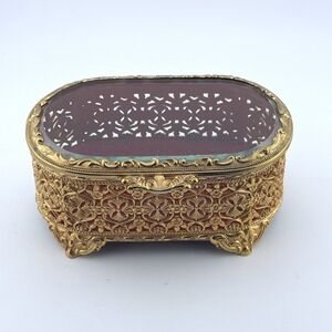 Vintage Mele Gold Filigree Casket Jewelry Box‎ Beveled Glass  Japan